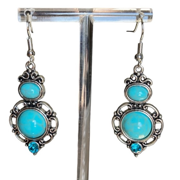 Vintage Boho Drop Dangle Earrings Ancient Silvery Style With Turquoise Stone - Picture 4 of 11